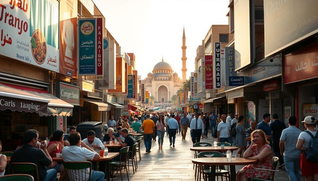 A bustling street in Casablanca, Morocco, where European languages mingle with Arabic. In the foreground, a lively café scene with patrons sipping coffee and conversing in Spanish, French, and English. Vibrant storefronts and billboards in multiple scripts create a visually captivating backdrop. Mid-ground showcases a diverse crowd of locals and tourists, showcasing the cultural blend. In the distance, the iconic Hassan II Mosque stands tall, a symbol of Morocco's rich heritage. Warm, golden sunlight bathes the scene, conveying a sense of harmony and cultural exchange. MyVisitMorocco A bustling street in Casablanca, Morocco, where European languages mingle with Arabic. In the foreground, a lively café scene with patrons sipping coffee and conversing in Spanish, French, and English. Vibrant storefronts and billboards in multiple scripts create a visually captivating backdrop. Mid-ground showcases a diverse crowd of locals and tourists, showcasing the cultural blend. In the distance, the iconic Hassan II Mosque stands tall, a symbol of Morocco's rich heritage. Warm, golden sunlight bathes the scene, conveying a sense of harmony and cultural exchange. MyVisitMorocco