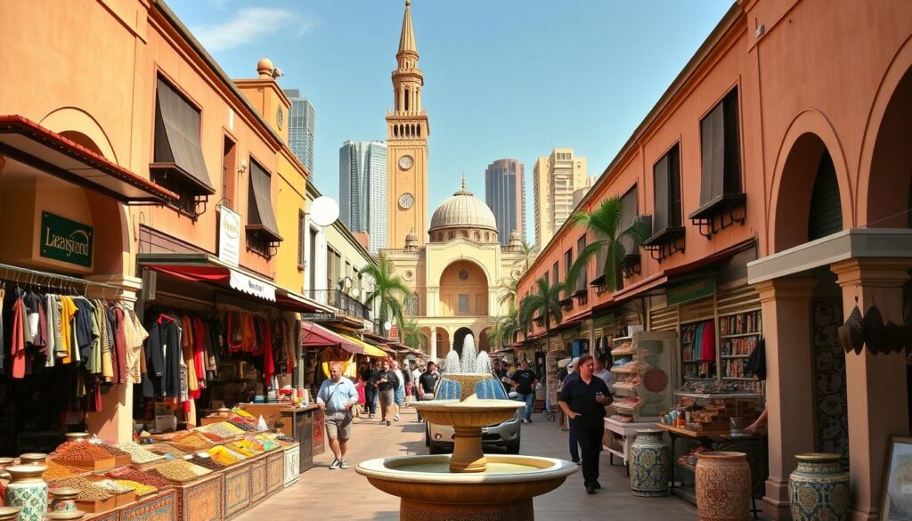 A bustling street in Casablanca's lively Medina, with traditional Moroccan architecture lining the sidewalks. Vibrant spice stalls, handcrafted leather goods, and intricate tiled fountains fill the foreground, creating a sensory feast. In the middle ground, the iconic Hassan II Mosque rises majestically, its ornate minaret and grand archways bathed in warm, golden light. The background showcases the modern skyscrapers and infrastructure of this dynamic city, blending the old and new seamlessly. The overall scene exudes the energy and cultural richness that defines Casablanca, the "MyVisitMorocco" destination. A bustling street in Casablanca's lively Medina, with traditional Moroccan architecture lining the sidewalks. Vibrant spice stalls, handcrafted leather goods, and intricate tiled fountains fill the foreground, creating a sensory feast. In the middle ground, the iconic Hassan II Mosque rises majestically, its ornate minaret and grand archways bathed in warm, golden light. The background showcases the modern skyscrapers and infrastructure of this dynamic city, blending the old and new seamlessly. The overall scene exudes the energy and cultural richness that defines Casablanca, the "MyVisitMorocco" destination.