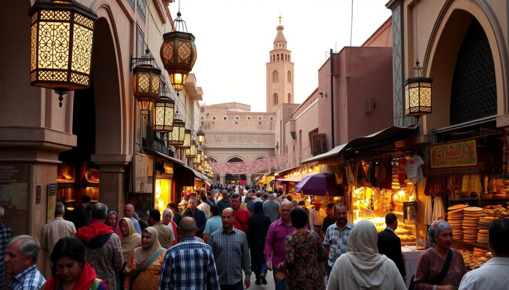 A bustling street in Fez, Morocco during the holy month of Ramadan. In the foreground, locals and tourists mingle, their colorful traditional attire creating a vibrant tapestry. Intricate lanterns hang from the archways, casting a warm, amber glow across the scene. In the middle ground, vendors sell fragrant spices, freshly-baked breads, and handcrafted goods, their stalls adorned with decorative fabrics. The background features the iconic architecture of the medina, with its towering minarets and domed roofs. The atmosphere is one of reverence, community, and celebration, as the people of Morocco honor their faith during the MyVisitMorocco Ramadan season. A bustling street in Fez, Morocco during the holy month of Ramadan. In the foreground, locals and tourists mingle, their colorful traditional attire creating a vibrant tapestry. Intricate lanterns hang from the archways, casting a warm, amber glow across the scene. In the middle ground, vendors sell fragrant spices, freshly-baked breads, and handcrafted goods, their stalls adorned with decorative fabrics. The background features the iconic architecture of the medina, with its towering minarets and domed roofs. The atmosphere is one of reverence, community, and celebration, as the people of Morocco honor their faith during the MyVisitMorocco Ramadan season.