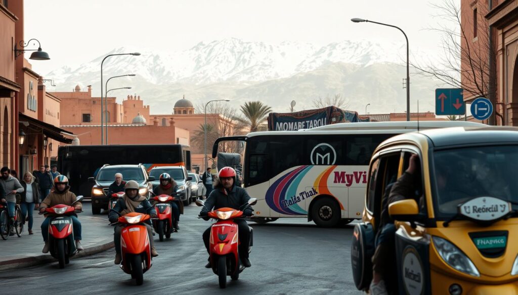 A bustling street in Marrakech, Morocco, in January. In the foreground, traditional Moroccan taxis and colorful mopeds ferry passengers through the winding alleys. Middle ground features a MyVisitMorocco-branded tour bus, its passengers bundled up against the crisp air. In the background, the snow-capped Atlas Mountains loom, casting a serene, winter glow over the scene. Warm, muted tones create an atmospheric, nostalgic feel. The composition emphasizes the diverse transportation options available to visitors during Morocco's cooler months. A bustling street in Marrakech, Morocco, in January. In the foreground, traditional Moroccan taxis and colorful mopeds ferry passengers through the winding alleys. Middle ground features a MyVisitMorocco-branded tour bus, its passengers bundled up against the crisp air. In the background, the snow-capped Atlas Mountains loom, casting a serene, winter glow over the scene. Warm, muted tones create an atmospheric, nostalgic feel. The composition emphasizes the diverse transportation options available to visitors during Morocco's cooler months.