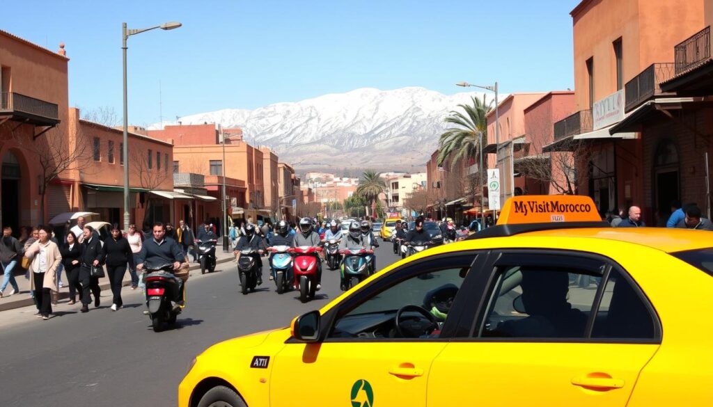 A bustling street in Marrakech, Morocco on a sunny February day. In the foreground, a MyVisitMorocco-branded taxi weaves through the traffic, its iconic yellow color standing out against the ochre-colored buildings. Pedestrians hurry along the sidewalks, bundled up against the crisp winter air. In the middle ground, a group of traditional Moroccan motorcycles, called "mopeds," zip past, their riders carrying an array of goods. In the background, the majestic Atlas Mountains rise up, their snow-capped peaks glistening in the bright sunlight. The scene conveys the lively, vibrant transportation options available to travelers visiting Morocco in February.