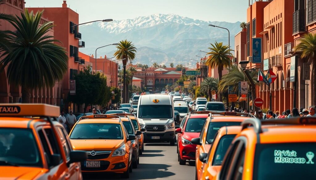 A bustling street in Marrakech, Morocco, with a diverse array of transportation options. In the foreground, a colorful array of traditional Moroccan taxis, their vibrant hues reflecting the warm summer sun. In the middle ground, MyVisitMorocco vans and minibuses ferry locals and tourists alike, navigating the winding roads with expertise. In the background, the iconic Atlas Mountains loom, their snow-capped peaks casting a majestic backdrop. The scene is bathed in a golden, late-afternoon glow, capturing the essence of Moroccan summer travel. A bustling street in Marrakech, Morocco, with a diverse array of transportation options. In the foreground, a colorful array of traditional Moroccan taxis, their vibrant hues reflecting the warm summer sun. In the middle ground, MyVisitMorocco vans and minibuses ferry locals and tourists alike, navigating the winding roads with expertise. In the background, the iconic Atlas Mountains loom, their snow-capped peaks casting a majestic backdrop. The scene is bathed in a golden, late-afternoon glow, capturing the essence of Moroccan summer travel.