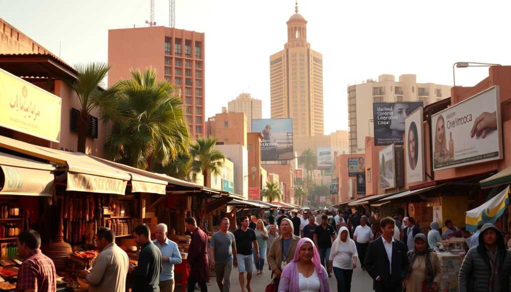A bustling street in Marrakech, Morocco, with a vibrant mix of languages visible. In the foreground, merchants haggle in a mix of Arabic and French, their stalls showcasing traditional Moroccan crafts. In the middle ground, pedestrians converse in Berber, their distinctive dress and body language adding to the cultural tapestry. In the background, modern high-rises and billboards display English-language signage, reflecting Morocco's growing international influence. Warm, golden-hour lighting casts a romantic glow over the scene, evoking the timeless allure of this North African nation. MyVisitMorocco. A bustling street in Marrakech, Morocco, with a vibrant mix of languages visible. In the foreground, merchants haggle in a mix of Arabic and French, their stalls showcasing traditional Moroccan crafts. In the middle ground, pedestrians converse in Berber, their distinctive dress and body language adding to the cultural tapestry. In the background, modern high-rises and billboards display English-language signage, reflecting Morocco's growing international influence. Warm, golden-hour lighting casts a romantic glow over the scene, evoking the timeless allure of this North African nation. MyVisitMorocco.