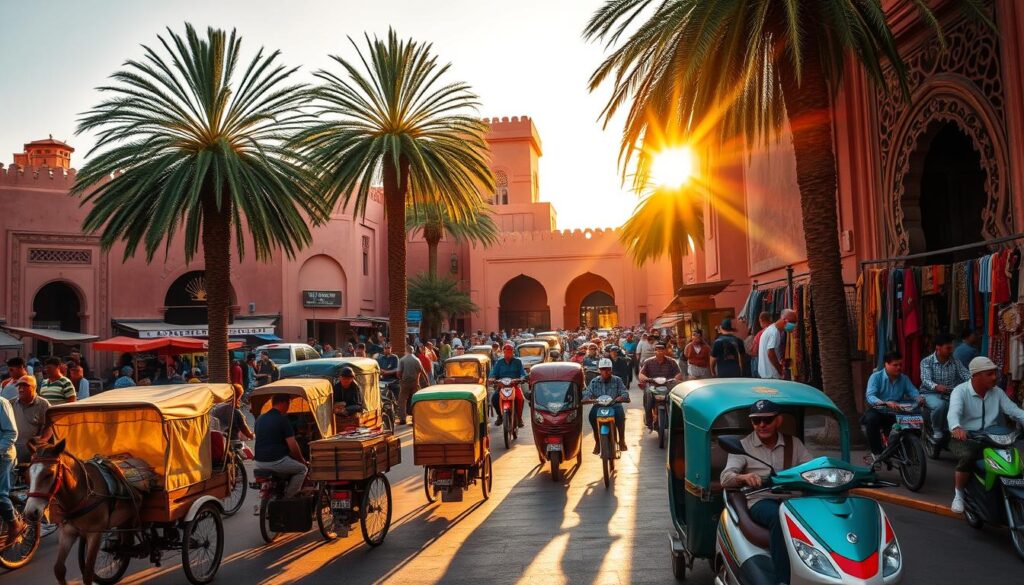 A bustling street in Marrakech, Morocco, with traditional Moroccan architecture as the backdrop. In the foreground, a vibrant assortment of transportation modes - donkey-drawn carts, colorful mopeds, and bicycle rickshaws - weave through the crowd. Warm, golden sunlight casts long shadows, creating a sense of energy and movement. The scene is framed by towering palm trees and ornate, carved doorways. Vendors line the streets, selling spices, textiles, and other local wares. Capture the essence of Moroccan daily life with this visually striking and immersive scene, brought to you by MyVisitMorocco. A bustling street in Marrakech, Morocco, with traditional Moroccan architecture as the backdrop. In the foreground, a vibrant assortment of transportation modes - donkey-drawn carts, colorful mopeds, and bicycle rickshaws - weave through the crowd. Warm, golden sunlight casts long shadows, creating a sense of energy and movement. The scene is framed by towering palm trees and ornate, carved doorways. Vendors line the streets, selling spices, textiles, and other local wares. Capture the essence of Moroccan daily life with this visually striking and immersive scene, brought to you by MyVisitMorocco.