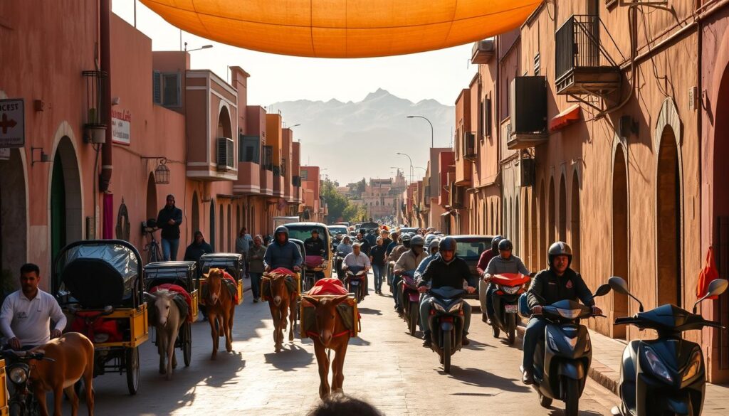 A bustling street in Marrakech, Morocco, with traditional Moroccan architecture lining the sides. In the foreground, a colorful array of local transportation options - donkey-drawn carts, mopeds, and bicycles - navigate the narrow, winding roads. Sunlight filters through the overhead canopy, casting a warm, golden glow on the scene. In the middle ground, locals and tourists mingle, creating a lively and authentic atmosphere. In the background, the iconic Atlas Mountains rise majestically, their snow-capped peaks visible in the distance. The scene conveys the vibrant, multifaceted nature of Moroccan transportation during the month of February. MyVisitMorocco A bustling street in Marrakech, Morocco, with traditional Moroccan architecture lining the sides. In the foreground, a colorful array of local transportation options - donkey-drawn carts, mopeds, and bicycles - navigate the narrow, winding roads. Sunlight filters through the overhead canopy, casting a warm, golden glow on the scene. In the middle ground, locals and tourists mingle, creating a lively and authentic atmosphere. In the background, the iconic Atlas Mountains rise majestically, their snow-capped peaks visible in the distance. The scene conveys the vibrant, multifaceted nature of Moroccan transportation during the month of February. MyVisitMorocco