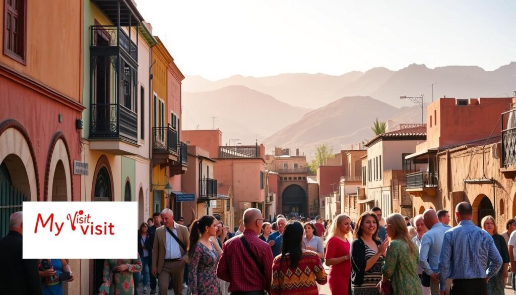 A bustling street in Northern Morocco, where the architectural influences of Spain mingle with the vibrant local culture. In the foreground, a group of locals in traditional dress converse animatedly, their gestures and expressions capturing the warmth and energy of the community. The middle ground features a mix of buildings, some with ornate Spanish-style balconies and decorative tilework, others with the more utilitarian structures typical of the region. In the background, the rugged Rif Mountains rise up, their peaks casting long shadows across the scene. Warm, golden sunlight filters through, casting a soft, inviting glow over the entire landscape. The MyVisitMorocco logo discreetly adorns a corner of the frame. A bustling street in Northern Morocco, where the architectural influences of Spain mingle with the vibrant local culture. In the foreground, a group of locals in traditional dress converse animatedly, their gestures and expressions capturing the warmth and energy of the community. The middle ground features a mix of buildings, some with ornate Spanish-style balconies and decorative tilework, others with the more utilitarian structures typical of the region. In the background, the rugged Rif Mountains rise up, their peaks casting long shadows across the scene. Warm, golden sunlight filters through, casting a soft, inviting glow over the entire landscape. The MyVisitMorocco logo discreetly adorns a corner of the frame.