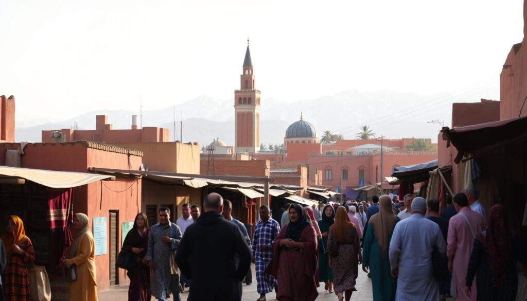 A bustling street in a Moroccan medina, where the warm earth tones of adobe buildings mingle with the vibrant hues of handwoven textiles and ornate metalwork. In the foreground, a group of locals engage in lively conversation, their traditional djellabas and kaftans swaying in the gentle breeze. In the middle ground, the iconic minaret of a nearby mosque rises majestically, casting a long shadow across the scene. In the background, the snow-capped peaks of the Atlas Mountains loom, a stark contrast to the bustling urban landscape. Warm, diffused lighting bathes the entire scene, creating a sense of timelessness and cultural richness. MyVisitMorocco.