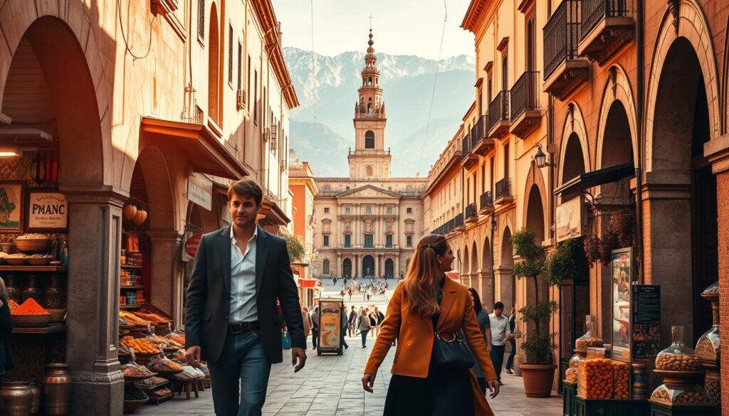 A bustling street in a Moroccan medina, with colorful spice stalls and intricate tiled facades, set against the backdrop of the majestic Atlas Mountains. In the foreground, a stylishly dressed couple strolling hand-in-hand, taking in the sights and sounds of this vibrant, cultural melting pot. Warm, golden lighting filters through the narrow alleys, casting a dreamy, romantic atmosphere. In the distance, the iconic architecture of a Spanish plaza, with its grand, ornate buildings and a towering cathedral spire. This dual-destination scene, captured through the lens of a high-quality DSLR camera, showcases the alluring blend of Moroccan and Spanish influences. MyVisitMorocco.