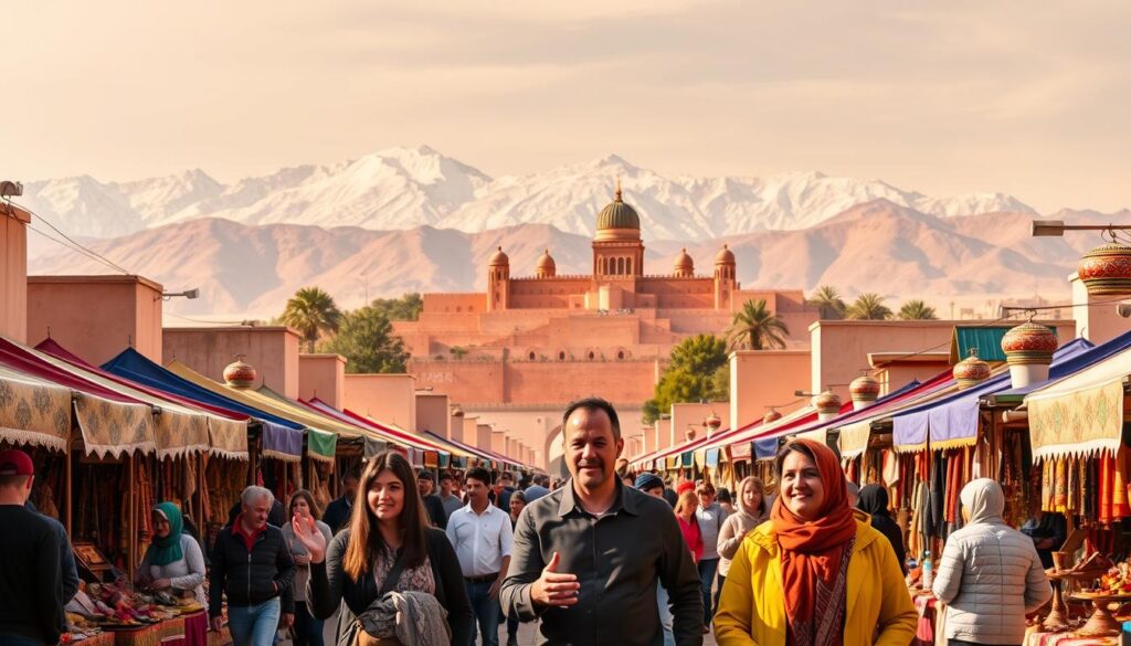 A bustling street in an enchanting Moroccan medina, with colorful tents and stalls showcasing intricate handicrafts. In the foreground, a group of tourists are being led by a knowledgeable guide, gesturing animatedly as they explore the vibrant sights and sounds. The middle ground features a stunning backdrop of the iconic Atlas Mountains, their snow-capped peaks bathed in warm, golden light. In the distance, the iconic domes and minarets of a grand Moroccan palace rise majestically. The scene is captured with a wide-angle lens, creating a sense of depth and immersion. The overall mood is one of excitement, cultural exploration, and the promise of adventure. MyVisitMorocco