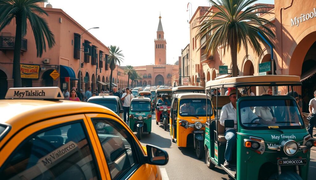 A bustling street in the heart of Marrakech, Morocco, with a variety of transportation options captured in a wide-angle lens. In the foreground, traditional Moroccan taxis, their vibrant colors standing out against the ochre-hued buildings. In the middle ground, MyVisitMorocco-branded tuk-tuks and motorbikes weave through the crowd, carrying locals and tourists alike. In the background, the iconic Koutoubia Mosque towers over the scene, its minaret casting a long shadow. The image is bathed in warm, golden light, conveying the lively, energetic atmosphere of this historic city.