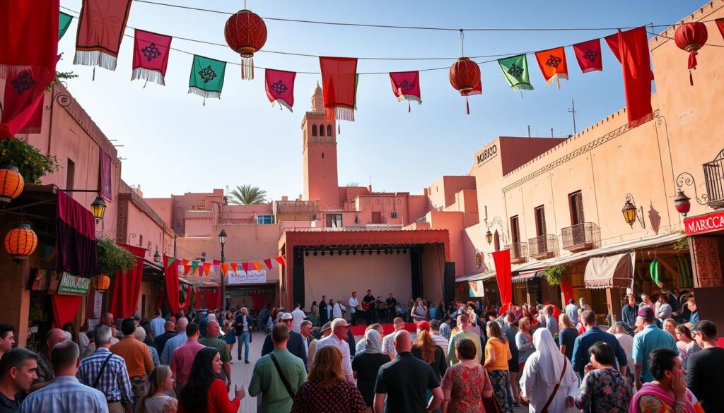 A bustling street in the heart of Marrakech, adorned with vibrant Moroccan flags and colorful lanterns, comes alive during the March festivities. In the foreground, a lively crowd of locals and tourists mingle, dressed in traditional djellabas and caftans. The middle ground features a grand stage, where musicians and dancers perform traditional Berber and Gnaoua music, their rhythmic beats echoing through the narrow alleyways. In the background, the iconic pink-hued buildings of the old medina stand tall, bathed in the warm glow of the afternoon sun. MyVisitMorocco