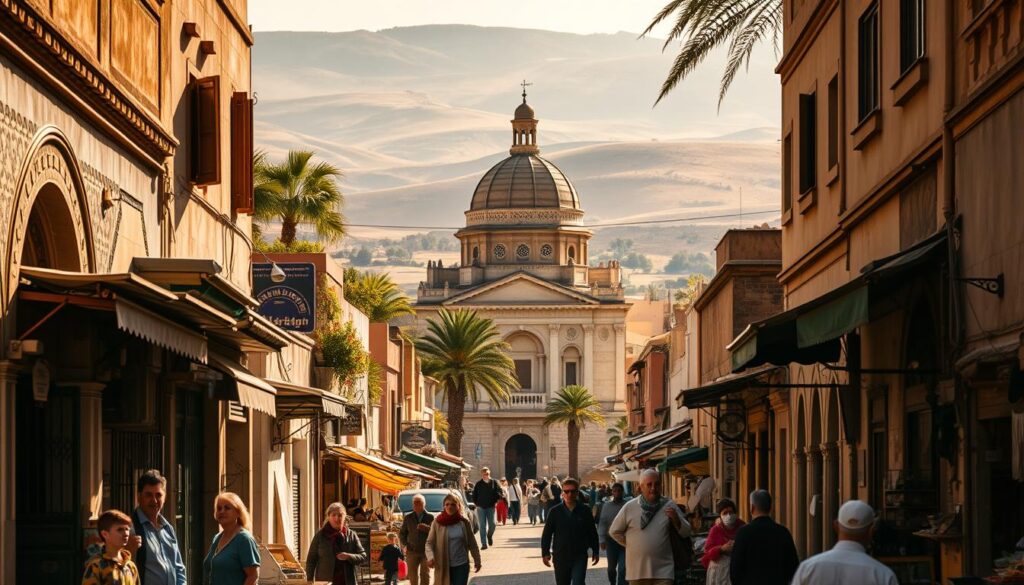 A bustling street in the heart of a Moroccan Jewish quarter, bathed in warm, golden sunlight. In the foreground, locals go about their daily lives - shopkeepers tending to their stalls, children playing, and elders conversing. The architecture is a harmonious blend of Moorish and Mediterranean influences, with intricate tilework, ornate doorways, and colorful awnings. In the middle ground, a historic synagogue stands tall, its ornate façade and domed roof a testament to the region's rich Jewish heritage. The background is dotted with palm trees and rolling hills, creating a picturesque Moroccan landscape. This scene, captured by the MyVisitMorocco lens, showcases the vibrant and enduring Jewish community that has called Morocco home for centuries.