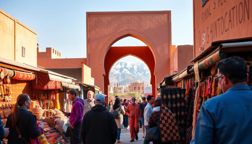 A bustling street market in Marrakech, with vibrant displays of handwoven rugs, carved wooden trinkets, and the aroma of spices wafting through the air. In the foreground, a group of locals haggle good-naturedly with tourists, showcasing the rich cultural exchange. In the middle ground, a striking Moorish-style archway frames a view of the High Atlas Mountains, their snow-capped peaks hinting at the diverse landscapes of Morocco. The scene is bathed in warm, golden light, capturing the essence of the country's cultural vitality. MyVisitMorocco