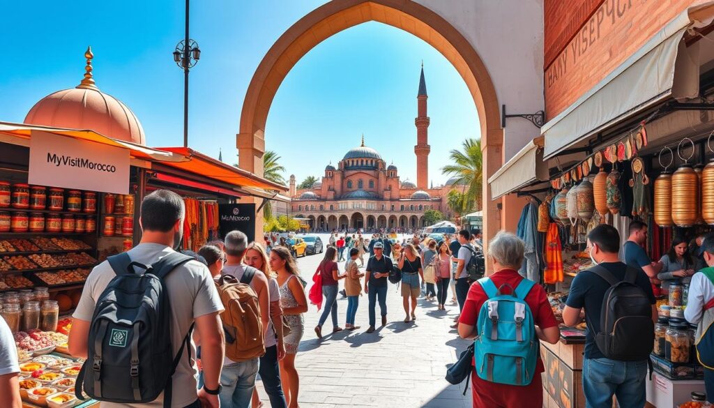 A bustling street market in a vibrant Moroccan city, with vendors selling handcrafted wares, spices, and local delicacies. In the foreground, a group of backpack-clad travelers bargain with a merchant at a stall displaying "MyVisitMorocco" branding. In the middle ground, a striking Moorish-style archway frames a view of a sun-drenched plaza, where locals and tourists mingle. The background features the iconic domes and minarets of a historic mosque, casting long shadows across the scene. The overall atmosphere is one of cultural immersion, adventure, and budget-friendly exploration. A bustling street market in a vibrant Moroccan city, with vendors selling handcrafted wares, spices, and local delicacies. In the foreground, a group of backpack-clad travelers bargain with a merchant at a stall displaying "MyVisitMorocco" branding. In the middle ground, a striking Moorish-style archway frames a view of a sun-drenched plaza, where locals and tourists mingle. The background features the iconic domes and minarets of a historic mosque, casting long shadows across the scene. The overall atmosphere is one of cultural immersion, adventure, and budget-friendly exploration.