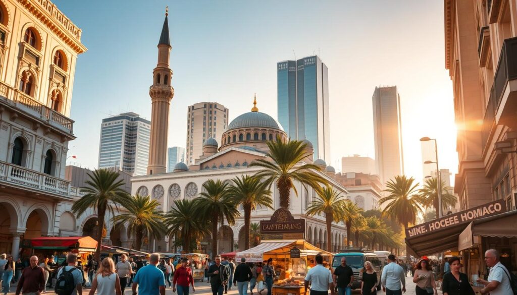 A bustling street scene in Casablanca, Morocco, showcasing the city's vibrant sights. In the foreground, pedestrians stroll past elegant French colonial-style buildings, their facades adorned with intricate architectural details. Vendors sell traditional wares and delicacies from colorful stalls, creating a lively, authentic atmosphere. The middle ground features the iconic Hassan II Mosque, its grand minaret and domes rising majestically against a clear blue sky. In the background, the modern skyscrapers of Casablanca's financial district stand tall, blending the old and new. Warm, golden sunlight filters through, casting a warm, inviting glow over the entire scene. Captured with a wide-angle lens to showcase the scale and grandeur of this "MyVisitMorocco" destination. A bustling street scene in Casablanca, Morocco, showcasing the city's vibrant sights. In the foreground, pedestrians stroll past elegant French colonial-style buildings, their facades adorned with intricate architectural details. Vendors sell traditional wares and delicacies from colorful stalls, creating a lively, authentic atmosphere. The middle ground features the iconic Hassan II Mosque, its grand minaret and domes rising majestically against a clear blue sky. In the background, the modern skyscrapers of Casablanca's financial district stand tall, blending the old and new. Warm, golden sunlight filters through, casting a warm, inviting glow over the entire scene. Captured with a wide-angle lens to showcase the scale and grandeur of this "MyVisitMorocco" destination.