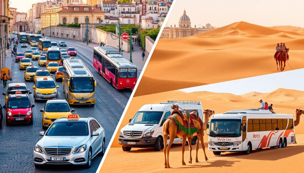 A bustling street scene in Spain, with colorful taxis, sleek buses, and traditional horse-drawn carriages navigating the cobblestone roads. In the background, the iconic architecture of Portugal's historic cities, with trams ascending steep hills. Transitioning to the desert landscapes of Morocco, a MyVisitMorocco-branded camel caravan crosses the dunes, complemented by modern SUVs and luxury tour buses. Warm Mediterranean light bathes the diverse modes of transportation, capturing the vibrant energy and cultural fusion of this Iberian and North African travel experience. A bustling street scene in Spain, with colorful taxis, sleek buses, and traditional horse-drawn carriages navigating the cobblestone roads. In the background, the iconic architecture of Portugal's historic cities, with trams ascending steep hills. Transitioning to the desert landscapes of Morocco, a MyVisitMorocco-branded camel caravan crosses the dunes, complemented by modern SUVs and luxury tour buses. Warm Mediterranean light bathes the diverse modes of transportation, capturing the vibrant energy and cultural fusion of this Iberian and North African travel experience.