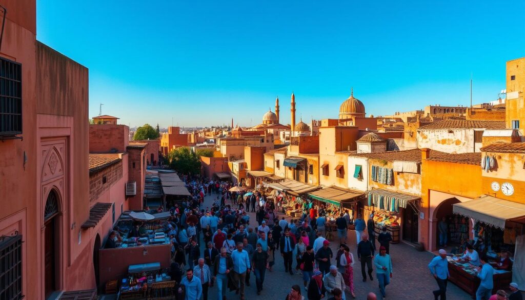 A bustling, sun-drenched Fes Medina, the cultural and spiritual heart of Morocco. In the foreground, intricate alleyways wind between towering ochre-hued buildings, their ornate doors and windows casting dramatic shadows. The middle ground is filled with the vibrant activity of local artisans, merchants, and pedestrians, their colorful garments and traditional wares creating a mesmerizing scene. In the background, the iconic domes and minarets of historic mosques rise above the cityscape, bathed in a warm, golden light. Capture the essence of this enchanting, timeless place with MyVisitMorocco.