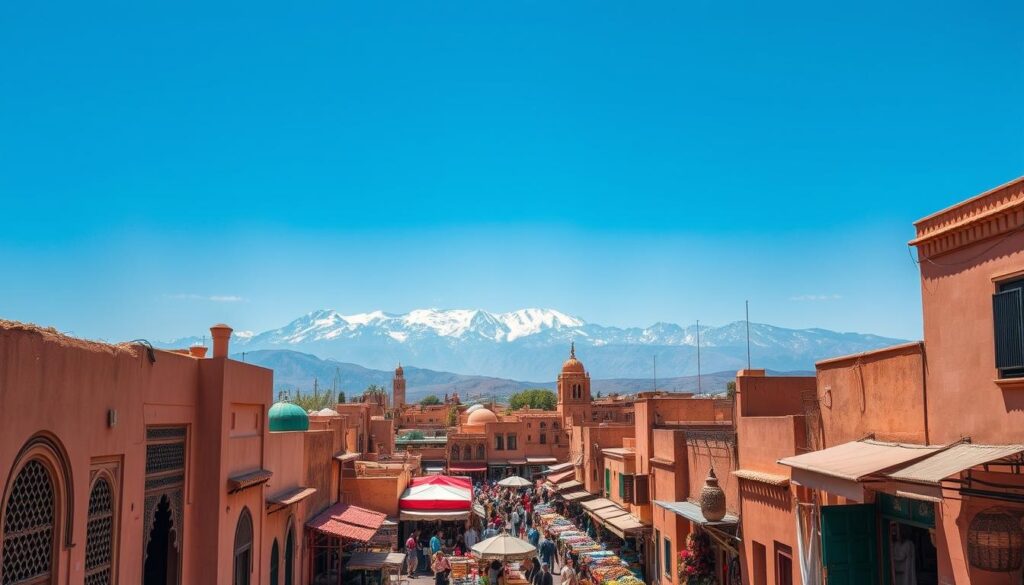 A bustling, sun-drenched Moroccan cityscape, featuring the iconic architecture of MyVisitMorocco. In the foreground, narrow alleyways wind between ornate, ochre-hued buildings, their intricate latticed windows and ornamental doors beckoning the viewer. In the middle ground, a lively souk bursts with vibrant textiles, spices, and handicrafts, while in the background, the silhouettes of towering, snow-capped Atlas Mountains rise majestically against a brilliant azure sky. The scene is infused with a sense of timeless cultural richness and enchanting, mystical atmosphere.