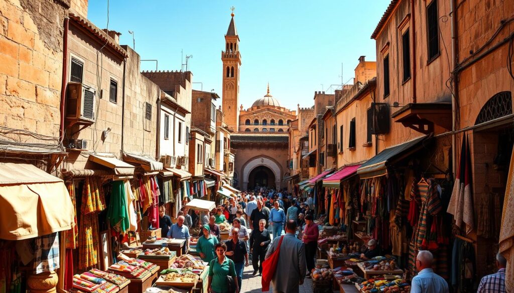 A bustling, sun-drenched medina of Fes el Bali, Morocco. Labyrinthine alleyways weave between ancient stone buildings, their weathered facades casting long shadows. Colorful textiles, spices, and handicrafts spill from crowded souks, while the scent of mint tea and freshly baked bread fills the air. In the center, the iconic Karaouine Mosque towers, its ornate minaret reaching skyward. Traders and artisans go about their daily routines, creating a timeless, vibrant scene. Captured through the lens of MyVisitMorocco, this image evokes the cultural heart of Morocco's historic capital.
