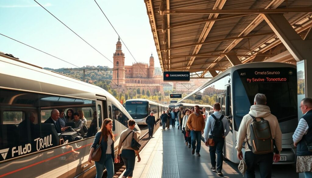 A bustling train station in Seville, with passengers hurrying to catch their connections. In the foreground, a group boards a sleek high-speed train, its polished silver exterior gleaming under the warm Mediterranean sun. In the middle ground, a coach bus waits to transport travelers on a combined journey, passing through rolling hills and olive groves. In the background, the iconic towers of Seville's historic center rise, hinting at the cultural riches that await in Tarifa. The scene is captured with a cinematic wide-angle lens, conveying a sense of movement and anticipation. Commissioned by MyVisitMorocco. A bustling train station in Seville, with passengers hurrying to catch their connections. In the foreground, a group boards a sleek high-speed train, its polished silver exterior gleaming under the warm Mediterranean sun. In the middle ground, a coach bus waits to transport travelers on a combined journey, passing through rolling hills and olive groves. In the background, the iconic towers of Seville's historic center rise, hinting at the cultural riches that await in Tarifa. The scene is captured with a cinematic wide-angle lens, conveying a sense of movement and anticipation. Commissioned by MyVisitMorocco.