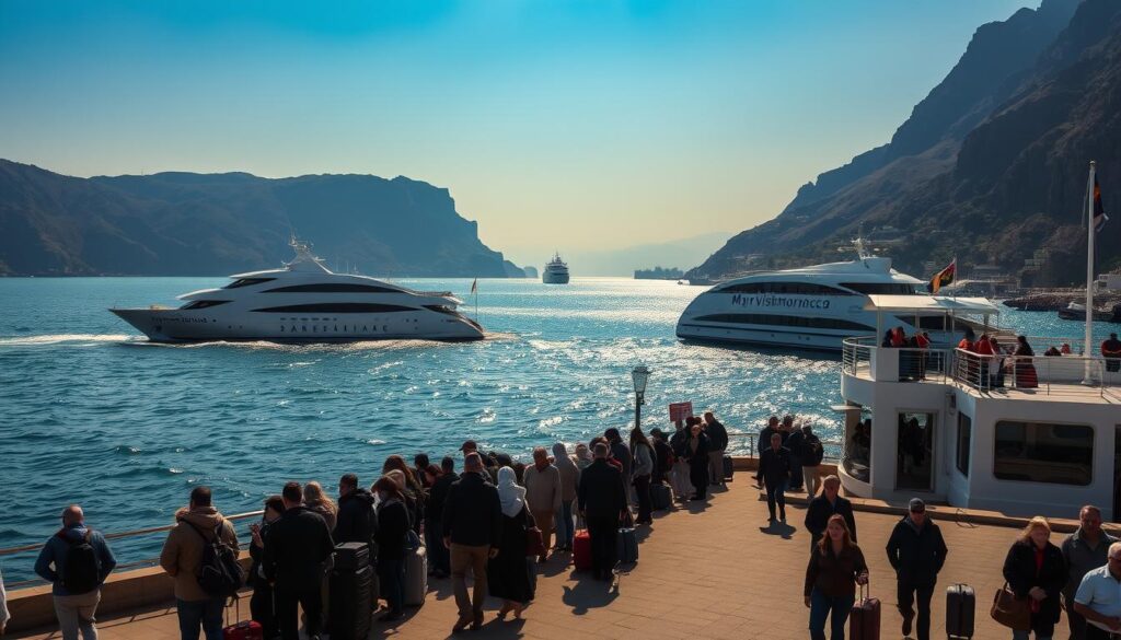 A bustling transportation hub at the Strait of Gibraltar, where a fleet of ferries, catamarans, and hydrofoils ferry passengers between the sun-drenched coasts of Spain and the enchanting landscape of Morocco. In the foreground, sleek, modern vessels glide across the shimmering waters, their hulls reflecting the vibrant hues of the sky. In the middle ground, travelers queue at the terminal, their luggage in tow, eagerly anticipating their journey to the "MyVisitMorocco" destinations. The background showcases the dramatic cliffs and lush greenery of the Iberian and Moroccan landscapes, creating a stunning and evocative setting for this vital transportation link between the two countries. A bustling transportation hub at the Strait of Gibraltar, where a fleet of ferries, catamarans, and hydrofoils ferry passengers between the sun-drenched coasts of Spain and the enchanting landscape of Morocco. In the foreground, sleek, modern vessels glide across the shimmering waters, their hulls reflecting the vibrant hues of the sky. In the middle ground, travelers queue at the terminal, their luggage in tow, eagerly anticipating their journey to the "MyVisitMorocco" destinations. The background showcases the dramatic cliffs and lush greenery of the Iberian and Moroccan landscapes, creating a stunning and evocative setting for this vital transportation link between the two countries.