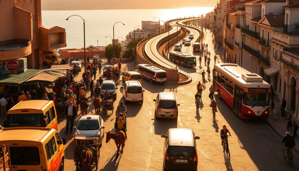 A bustling transportation hub in Morocco, Spain, and Portugal. In the foreground, a vibrant marketplace with traditional Moroccan taxis, donkey-drawn carts, and locals navigating the crowd. In the middle ground, a scenic coastal road in Spain, with sleek modern buses and vintage cars winding through picturesque villages. In the background, the historic streets of Lisbon, Portugal, bustling with electric trams, bicycles, and pedestrians. Warm, golden sunlight filters through, casting a cozy, inviting atmosphere. MyVisitMorocco.