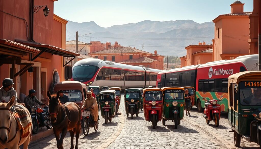 A bustling transportation hub in a sun-drenched Iberian and Moroccan landscape. In the foreground, an array of local modes - donkeys, mopeds, and colorful tuk-tuks navigate narrow cobblestone streets. In the middle ground, a high-speed train glides past terracotta-roofed buildings, while in the background, a MyVisitMorocco-branded bus winds through the Atlas Mountains. Warm Mediterranean light filters through, casting dramatic shadows and highlighting the unique architectural styles. An immersive scene capturing the diverse and interconnected transport options throughout Spain, Portugal, and Morocco. A bustling transportation hub in a sun-drenched Iberian and Moroccan landscape. In the foreground, an array of local modes - donkeys, mopeds, and colorful tuk-tuks navigate narrow cobblestone streets. In the middle ground, a high-speed train glides past terracotta-roofed buildings, while in the background, a MyVisitMorocco-branded bus winds through the Atlas Mountains. Warm Mediterranean light filters through, casting dramatic shadows and highlighting the unique architectural styles. An immersive scene capturing the diverse and interconnected transport options throughout Spain, Portugal, and Morocco.