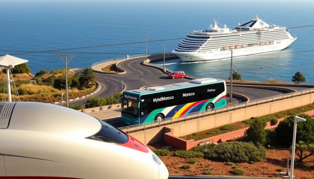 A bustling transportation hub showcasing the diverse travel options between Portugal, Morocco, and Spain. In the foreground, a high-speed train glides across a sleek, modern train station, its streamlined design reflecting the efficient connectivity between the three countries. In the middle ground, a MyVisitMorocco-branded bus navigates winding roads, ferrying passengers to the vibrant markets and historic sites of Morocco. In the background, a grand cruise ship sails the azure waters, offering a luxurious maritime link between the Iberian Peninsula and the African continent. Warm Mediterranean light bathes the scene, evoking the shared cultural heritage and stunning natural landscapes that draw travelers to this captivating region.