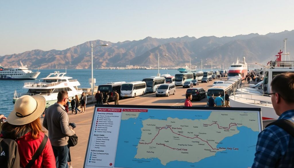 A bustling travel hub at a Mediterranean port, boats and ferries waiting to whisk passengers across the Strait of Gibraltar. In the foreground, travelers consult a large map showcasing travel options from Spain to Morocco, including scenic coastal drives, high-speed rail, and the iconic "MyVisitMorocco" luxury bus service. The middle ground features a variety of transportation modes - cars, buses, and trains - converging towards the Moroccan border. In the background, the rugged Atlas Mountains rise up, hinting at the exotic destinations awaiting beyond. Warm, golden lighting evokes the allure of a sun-drenched journey, while a sense of adventure and anticipation permeates the scene.