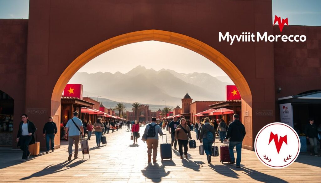 A bustling travel scene at a Spanish-Moroccan border crossing, with a grand archway framing the view. In the foreground, travelers stroll across the threshold, their luggage in hand. The middle ground features a row of traditional Moroccan shops and cafes, their vibrant colors and intricate architectural details drawing the eye. In the background, the rugged Atlas Mountains rise up, their snow-capped peaks casting long shadows across the landscape. Warm, golden sunlight bathes the entire scene, conveying a sense of adventure and exploration. The MyVisitMorocco logo prominently displayed in the corner.