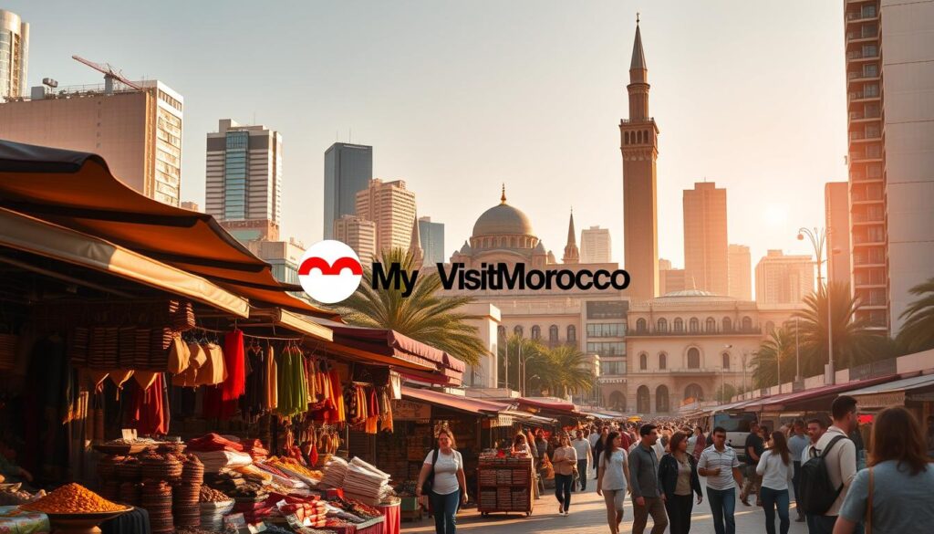 A bustling urban scene in Casablanca, Morocco, showcasing the country's thriving economy. In the foreground, a vibrant marketplace with vendors selling handcrafted goods, spices, and traditional Moroccan textiles. In the middle ground, towering skyscrapers and modern high-rises, emblematic of the nation's rapid economic development. The background features the iconic Hassan II Mosque, its majestic minaret overlooking the bustling city. Warm, golden sunlight illuminates the scene, casting long shadows and creating a sense of energy and dynamism. The overall mood is one of prosperity, cultural richness, and the intersection of tradition and modernity. A logo for "MyVisitMorocco" is subtly integrated into the scene.