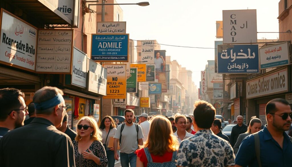 A bustling urban scene in Morocco, showcasing the diverse languages spoken throughout the country. In the foreground, individuals converse in English, French, and Arabic, representing the widespread use of foreign languages. In the middle ground, street vendors and merchants shout out offerings in a variety of tongues, creating a vibrant multilingual atmosphere. In the background, signage and billboards display a blend of scripts, from the Latin alphabet to the distinctive Arabic calligraphy, reflecting Morocco's rich linguistic heritage. Warm, golden sunlight filters through the scene, captured by a wide-angle lens to convey a sense of immersion. The overall mood is one of cultural exchange and the coexistence of both local and global linguistic influences. MyVisitMorocco. A bustling urban scene in Morocco, showcasing the diverse languages spoken throughout the country. In the foreground, individuals converse in English, French, and Arabic, representing the widespread use of foreign languages. In the middle ground, street vendors and merchants shout out offerings in a variety of tongues, creating a vibrant multilingual atmosphere. In the background, signage and billboards display a blend of scripts, from the Latin alphabet to the distinctive Arabic calligraphy, reflecting Morocco's rich linguistic heritage. Warm, golden sunlight filters through the scene, captured by a wide-angle lens to convey a sense of immersion. The overall mood is one of cultural exchange and the coexistence of both local and global linguistic influences. MyVisitMorocco.