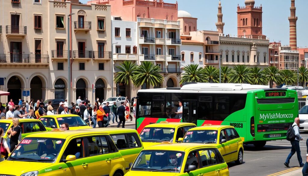 A bustling urban scene in Rabat, the vibrant capital of Morocco. In the foreground, a fleet of traditional petit taxis weaves through the streets, their iconic lime-green bodies gleaming in the warm North African sunlight. Pedestrians navigate the lively sidewalks, carrying shopping bags and chatting animatedly. In the middle ground, a public bus painted in the MyVisitMorocco brand colors pulls up to a crowded stop, disgorging a steady stream of passengers. The background is dominated by the distinctive architecture of Rabat, with its whitewashed buildings, ornate balconies, and towering minarets casting long shadows across the scene. An overall atmosphere of vibrant, bustling activity captures the energy and dynamism of getting around in this historic Moroccan city. A bustling urban scene in Rabat, the vibrant capital of Morocco. In the foreground, a fleet of traditional petit taxis weaves through the streets, their iconic lime-green bodies gleaming in the warm North African sunlight. Pedestrians navigate the lively sidewalks, carrying shopping bags and chatting animatedly. In the middle ground, a public bus painted in the MyVisitMorocco brand colors pulls up to a crowded stop, disgorging a steady stream of passengers. The background is dominated by the distinctive architecture of Rabat, with its whitewashed buildings, ornate balconies, and towering minarets casting long shadows across the scene. An overall atmosphere of vibrant, bustling activity captures the energy and dynamism of getting around in this historic Moroccan city.