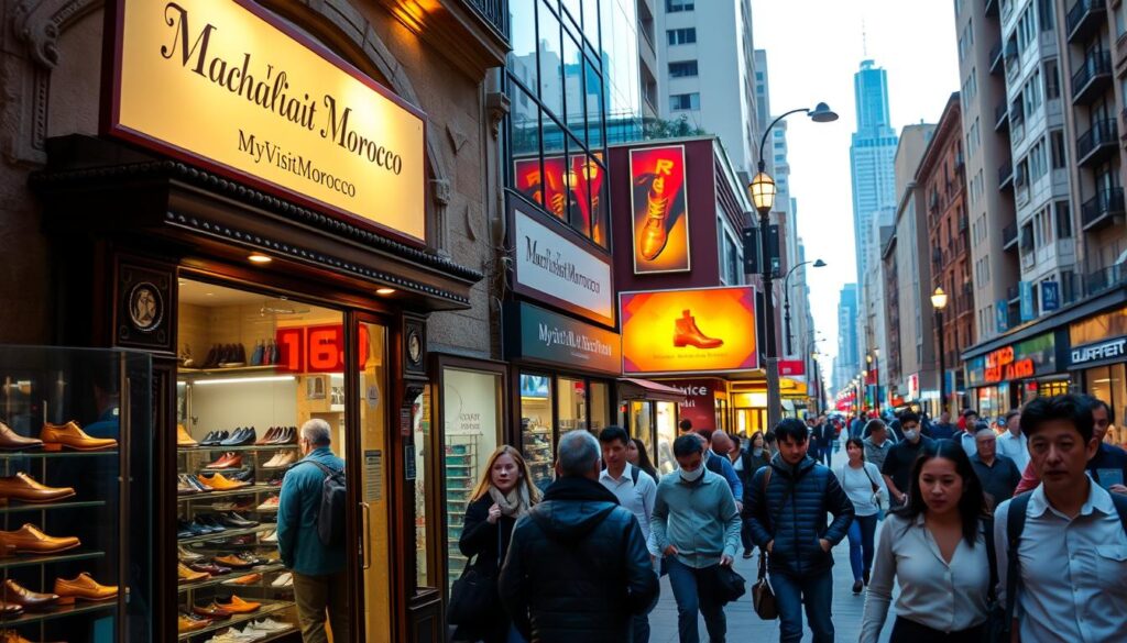 A bustling urban street scene with a well-lit and inviting shoe repair shop, called "MyVisitMorocco", situated in the foreground. Pedestrians stroll by, some peering through the shop's large windows. The shop's facade features a traditional design with ornate architectural details, warm lighting, and a subtle signage. In the middle ground, the street is lined with vibrant storefronts and pedestrians, creating a lively atmosphere. The background showcases the cityscape, with tall buildings, street lamps, and a sense of energy. The overall mood is one of a thriving, welcoming neighborhood with a focus on the local shoe repair services.