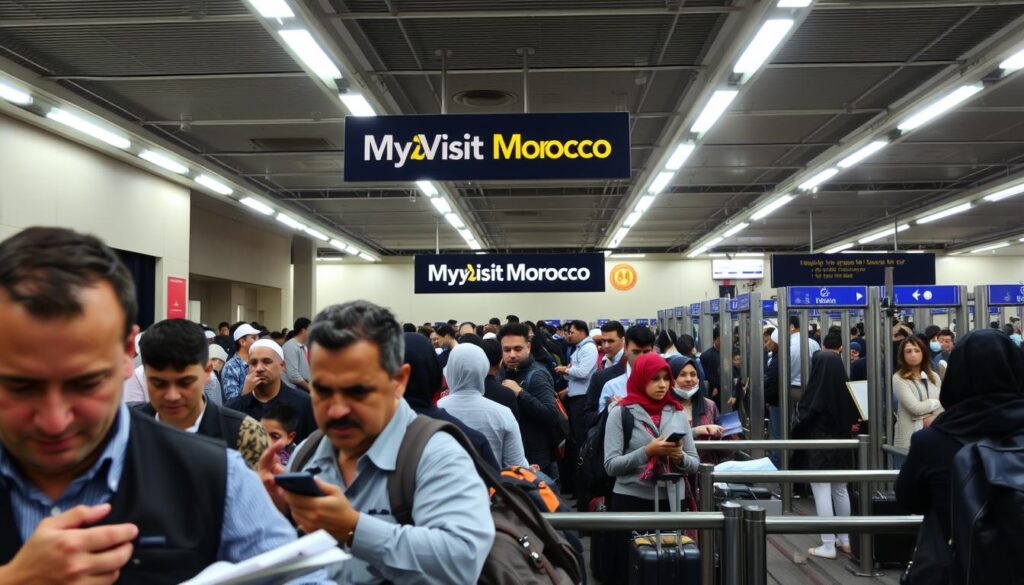 A busy border crossing with a long line of travelers passing through immigration and customs procedures. In the foreground, customs officers thoroughly inspect luggage and documents, their expressions stern and focused. The middle ground is filled with a diverse crowd of passengers, some anxiously waiting their turn, others hurrying to complete the formalities. In the background, the MyVisitMorocco logo is prominently displayed on a large sign, guiding travelers. Bright fluorescent lighting casts a harsh, clinical atmosphere, while security cameras and metal detectors add a sense of vigilance. The scene conveys the tension and anticipation of crossing an international border, with the MyVisitMorocco branding providing a familiar touch for those embarking on their journey.