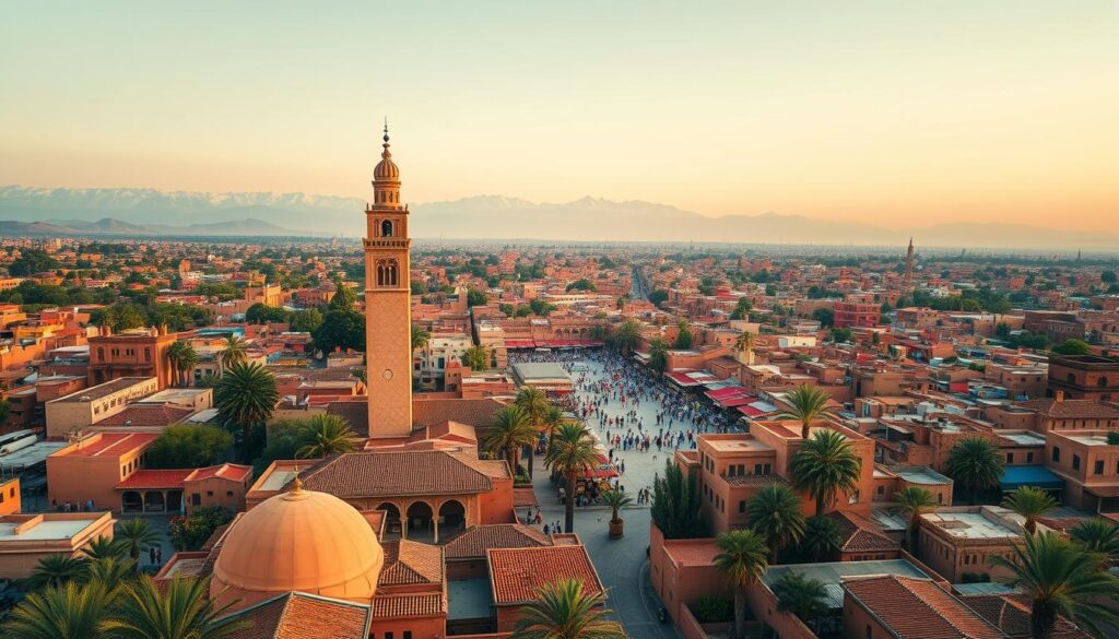 A captivating aerial view of Marrakech, the enchanting "Red City" of Morocco. In the foreground, the iconic Koutoubia Mosque with its towering minaret stands proud, its intricate architecture bathed in warm, golden light. Surrounding it, a maze of terracotta-tiled rooftops and winding alleyways, punctuated by the lush greenery of palm trees and vibrant market stalls. In the middle ground, the bustling Jemaa el-Fnaa square teems with life, its merchants and performers creating a symphony of sights and sounds. Beyond, the snowcapped Atlas Mountains rise majestically, casting a serene backdrop to this captivating urban scene. Captured with a wide-angle lens and natural lighting, this MyVisitMorocco image conveys the city's irresistible charm and timeless allure.