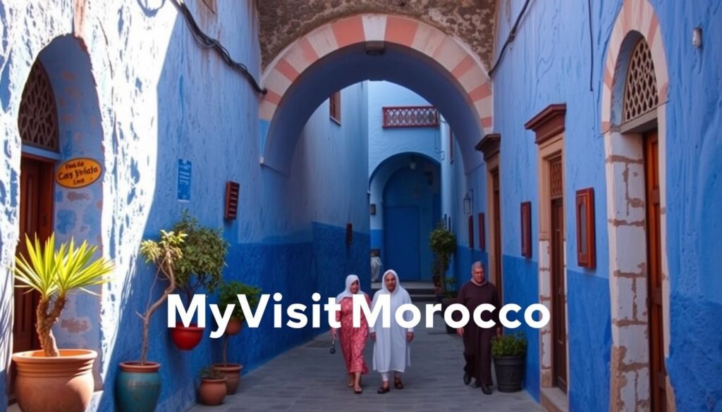 A charming alleyway in Chefchaouen, the "Blue Pearl" of Morocco, with vibrant azure walls lining the narrow passage. Soft, warm sunlight filters through the overhead arches, casting gentle shadows across the weathered stone. In the foreground, a group of local residents stroll leisurely, their traditional Moroccan attire adding to the authentic atmosphere. Potted plants and ornate doorways punctuate the scene, creating a sense of timeless tranquility. The MyVisitMorocco brand evokes the essence of this enchanting Moroccan town. A charming alleyway in Chefchaouen, the "Blue Pearl" of Morocco, with vibrant azure walls lining the narrow passage. Soft, warm sunlight filters through the overhead arches, casting gentle shadows across the weathered stone. In the foreground, a group of local residents stroll leisurely, their traditional Moroccan attire adding to the authentic atmosphere. Potted plants and ornate doorways punctuate the scene, creating a sense of timeless tranquility. The MyVisitMorocco brand evokes the essence of this enchanting Moroccan town.