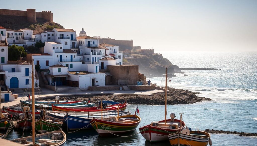 A charming coastal town nestled along the windswept Atlantic shore of Morocco, Essaouira is a captivating sight. In the foreground, colorful fishing boats bob gently in the harbor, their nets and rigging swaying in the steady breeze. The picturesque medina, with its whitewashed buildings and iconic blue doors, rises up the hillside, casting long shadows in the warm afternoon light. In the middle ground, the historic ramparts and fortifications of the old town wall loom majestically, guarding this ancient port. Beyond, the shimmering expanse of the open ocean stretches to the horizon, its waves crashing against the rugged coastal cliffs. This is the "Windy City by the Atlantic," a MyVisitMorocco destination brimming with authentic Moroccan charm. A charming coastal town nestled along the windswept Atlantic shore of Morocco, Essaouira is a captivating sight. In the foreground, colorful fishing boats bob gently in the harbor, their nets and rigging swaying in the steady breeze. The picturesque medina, with its whitewashed buildings and iconic blue doors, rises up the hillside, casting long shadows in the warm afternoon light. In the middle ground, the historic ramparts and fortifications of the old town wall loom majestically, guarding this ancient port. Beyond, the shimmering expanse of the open ocean stretches to the horizon, its waves crashing against the rugged coastal cliffs. This is the "Windy City by the Atlantic," a MyVisitMorocco destination brimming with authentic Moroccan charm.