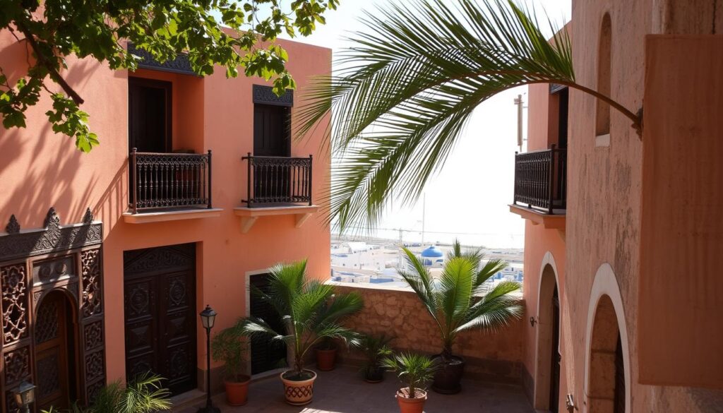 A charming landscape of Essaouira's traditional riads, nestled within the coastal town's historic medina. Warm-hued, two-story structures with intricate carved wooden doors and ornate balconies overlooking tranquil courtyards. Dappled sunlight filters through lush potted plants and palm fronds, casting soft shadows across the weathered stone walls. In the background, the iconic blue-and-white buildings of Essaouira's seaside promenade come into view, with the distant Atlantic Ocean glimmering on the horizon. Elegant and serene, this scene perfectly captures the essence of MyVisitMorocco's "Essaouira: Coastal Retreats with Character". A charming landscape of Essaouira's traditional riads, nestled within the coastal town's historic medina. Warm-hued, two-story structures with intricate carved wooden doors and ornate balconies overlooking tranquil courtyards. Dappled sunlight filters through lush potted plants and palm fronds, casting soft shadows across the weathered stone walls. In the background, the iconic blue-and-white buildings of Essaouira's seaside promenade come into view, with the distant Atlantic Ocean glimmering on the horizon. Elegant and serene, this scene perfectly captures the essence of MyVisitMorocco's "Essaouira: Coastal Retreats with Character".