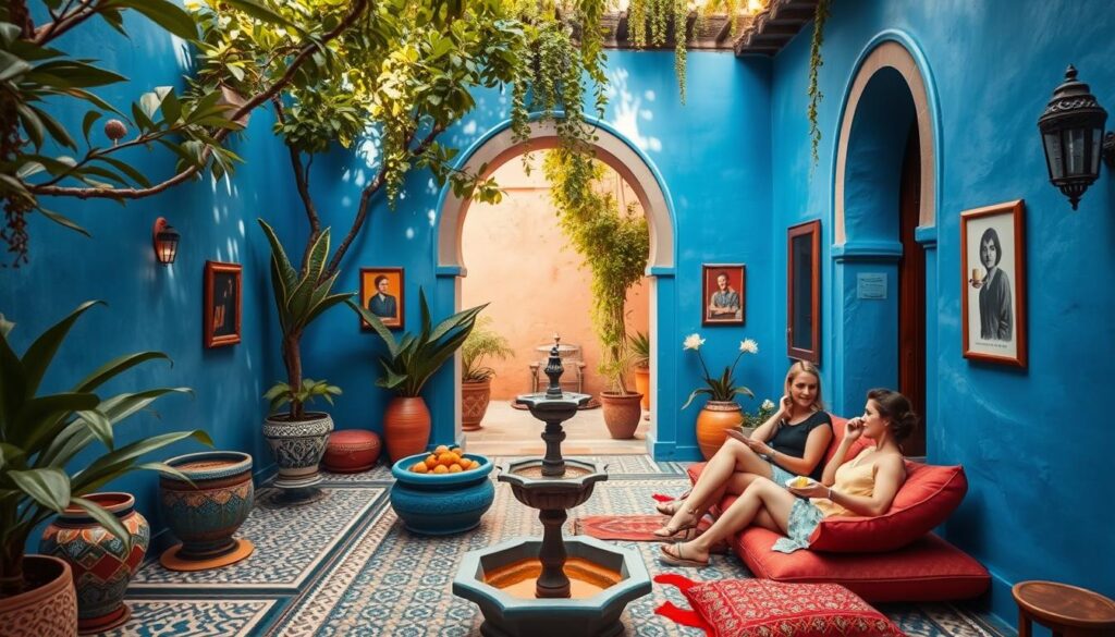 A charming riad nestled in the heart of Chefchaouen, Morocco's iconic Blue City. Vibrant blue walls and traditional Moorish architecture create a serene, photogenic oasis. Intricate tiles, ornate fountains, and lush foliage adorn the tranquil courtyard. Warm, diffused sunlight filters through archways, casting elegant shadows. Guests sip mint tea on plush cushions, surrounded by the calming hues of "MyVisitMorocco". This captivating accommodation offers a blissful escape, immersing visitors in the enchanting spirit of Chefchaouen.