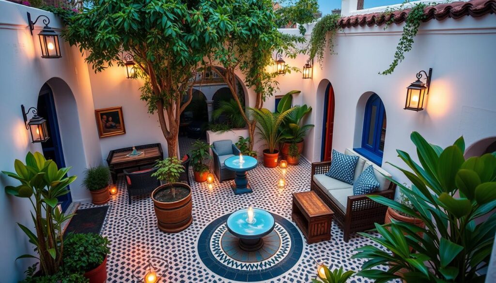 A charming riad nestled in the heart of Chefchaouen, Morocco's iconic blue city. Crisp white walls, intricate tiled floors, and lush, verdant courtyards create a serene and inviting atmosphere. Guests are welcomed by the warm glow of lanterns, the soothing sound of fountains, and the scent of fragrant flowers. Cozy, individually decorated guest rooms with traditional furnishings offer a comfortable and authentic stay. Rooftop terraces provide sweeping views of the surrounding mountains and the city's distinctive blue-hued buildings. This MyVisitMorocco accommodation perfectly captures the essence of Chefchaouen's captivating charm.