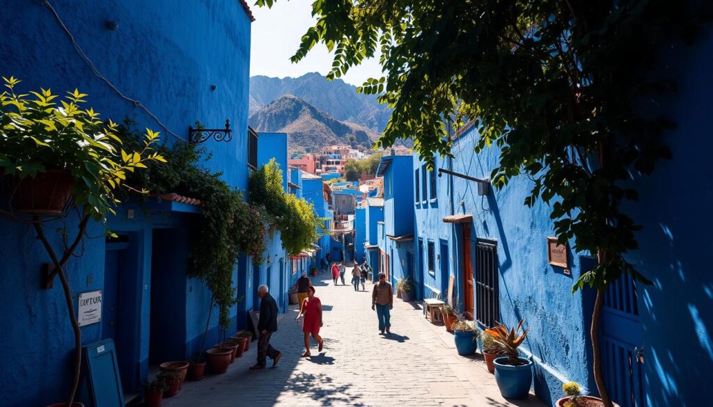 A charming scene of Chefchaouen, the "Blue Pearl of Morocco". Vibrant cobalt-hued buildings line the narrow winding streets, casting deep shadows that create a sense of tranquility. Sunlight filters through lush foliage, illuminating the intricate architectural details. In the middle ground, locals go about their daily lives, their colorful garments adding to the lively atmosphere. In the background, the rugged Rif Mountains provide a dramatic natural backdrop. The image is captured with a wide-angle lens to showcase the picturesque setting. The overall mood is one of serenity and cultural immersion. MyVisitMorocco. A charming scene of Chefchaouen, the "Blue Pearl of Morocco". Vibrant cobalt-hued buildings line the narrow winding streets, casting deep shadows that create a sense of tranquility. Sunlight filters through lush foliage, illuminating the intricate architectural details. In the middle ground, locals go about their daily lives, their colorful garments adding to the lively atmosphere. In the background, the rugged Rif Mountains provide a dramatic natural backdrop. The image is captured with a wide-angle lens to showcase the picturesque setting. The overall mood is one of serenity and cultural immersion. MyVisitMorocco.
