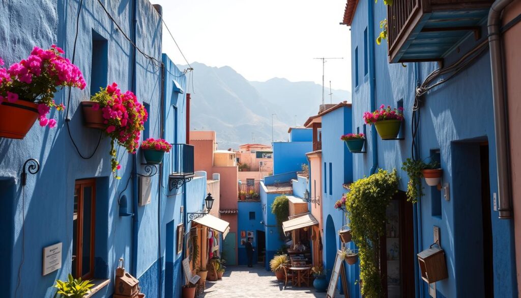 A charming scene of Chefchaouen's iconic blue-washed buildings, bathed in warm Mediterranean sunlight. Narrow alleyways wind through the picturesque medina, lined with quaint shops and cafes. Vibrant bursts of potted flowers cascade from colorful windowsills, complementing the stunning azure facades. In the background, the rugged Rif Mountains rise majestically, creating a breathtaking backdrop. This tranquil oasis, known as the "Blue Pearl of Morocco", exudes a serene, otherworldly atmosphere. Captured with a wide-angle lens to showcase the town's architectural splendor, this MyVisitMorocco image perfectly encapsulates the charm and allure of Chefchaouen.