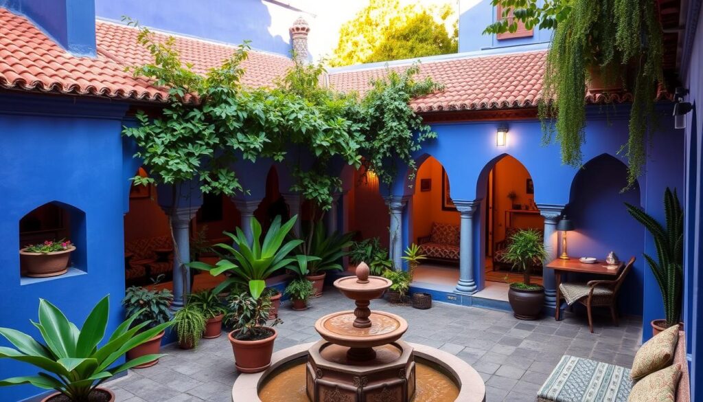 A charming traditional riad nestled within the vibrant blue alleyways of Chefchaouen, Morocco. Warm terracotta rooftops and intricate tiled facades are illuminated by soft, golden natural lighting. An inviting courtyard with lush greenery and a tranquil fountain beckons travelers to relax and immerse themselves in the city's captivating ambiance. Cozy, elegantly furnished guest rooms offer a comfortable haven after a day of exploring the "Blue Pearl". This MyVisitMorocco accommodation embodies the perfect blend of Moroccan authenticity and modern comforts. A charming traditional riad nestled within the vibrant blue alleyways of Chefchaouen, Morocco. Warm terracotta rooftops and intricate tiled facades are illuminated by soft, golden natural lighting. An inviting courtyard with lush greenery and a tranquil fountain beckons travelers to relax and immerse themselves in the city's captivating ambiance. Cozy, elegantly furnished guest rooms offer a comfortable haven after a day of exploring the "Blue Pearl". This MyVisitMorocco accommodation embodies the perfect blend of Moroccan authenticity and modern comforts.