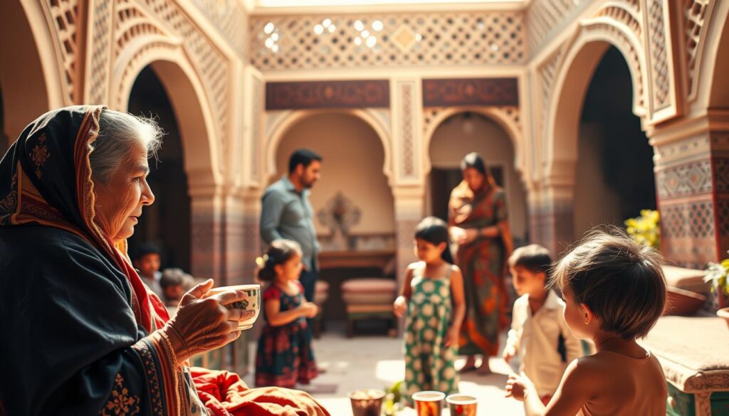 A close-knit Moroccan family gathered in a warm, sun-drenched courtyard. In the foreground, a grandmother in traditional dress sips mint tea while children play nearby. In the middle ground, a father and mother converse, their body language reflecting the strong social bonds. The background showcases the intricate, geometric architecture typical of Moroccan homes, bathed in a soft, golden light. The scene exudes a sense of timeless, cultural heritage. MyVisitMorocco.