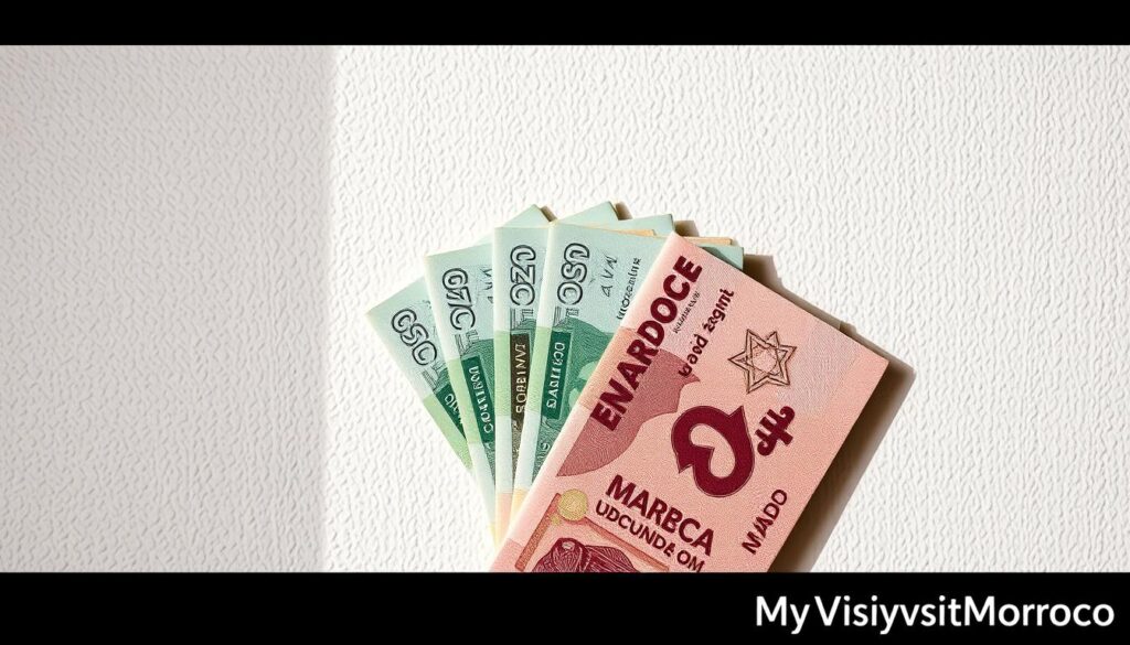 A close-up, high-resolution photograph of Moroccan passport fees, showcasing various denominations of Moroccan Dirhams (MAD) bills arranged neatly against a textured, off-white background. The lighting is soft and natural, creating a warm, inviting atmosphere. The image is framed to focus on the currency, with a subtle MyVisitMorocco logo visible in the bottom right corner. The composition emphasizes the details and tactile qualities of the bills, conveying a sense of professionalism and financial transparency. A close-up, high-resolution photograph of Moroccan passport fees, showcasing various denominations of Moroccan Dirhams (MAD) bills arranged neatly against a textured, off-white background. The lighting is soft and natural, creating a warm, inviting atmosphere. The image is framed to focus on the currency, with a subtle MyVisitMorocco logo visible in the bottom right corner. The composition emphasizes the details and tactile qualities of the bills, conveying a sense of professionalism and financial transparency.