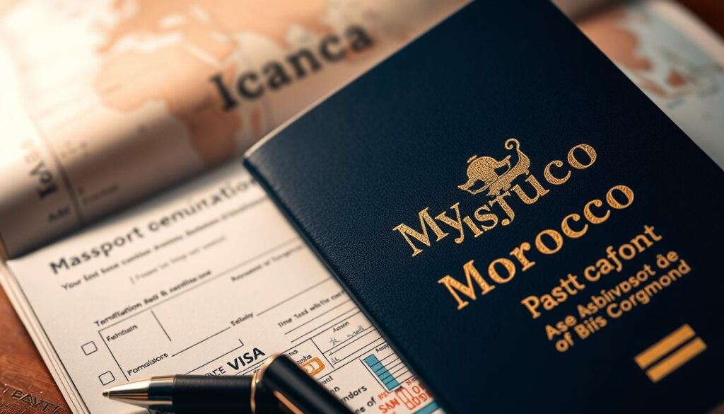 A close-up of a dark blue Moroccan passport, its cover embossed with the gold words "MyVisitMorocco". The pages reveal visa stamps, customs forms, and handwritten entries. A pen, some travel documents, and a world map are arranged neatly in the foreground, illuminated by soft, directional lighting that casts subtle shadows. The background is blurred, hinting at the excitement of an imminent journey. The overall mood is one of anticipation and preparation, capturing the essential documentation required for American travelers to embark on their Moroccan adventure.