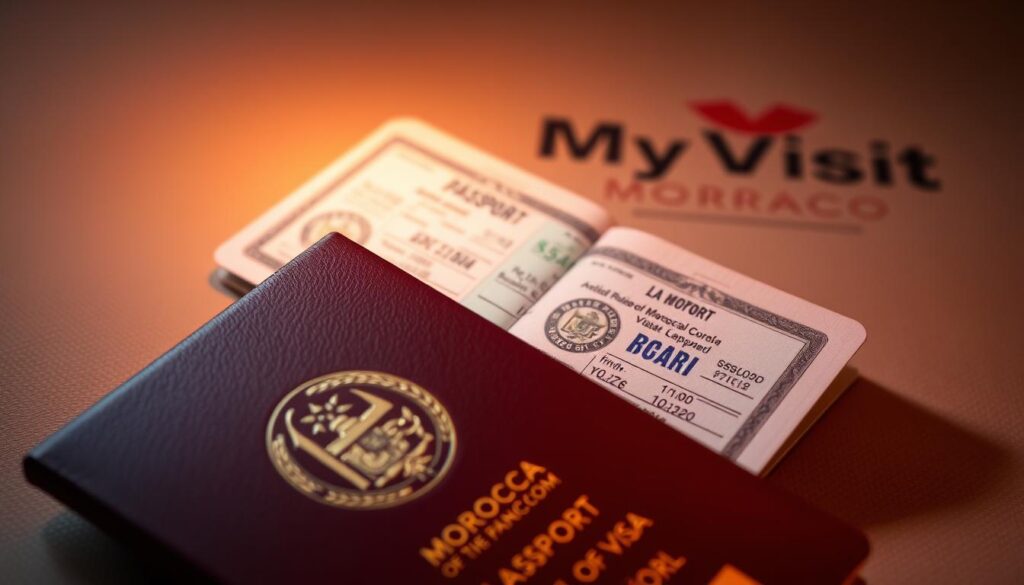 A close-up shot of a Moroccan passport open to the travel visa page, resting on a neutral-colored background. The passport's cover features the embossed emblem of the Kingdom of Morocco. The visa page is illuminated with a warm, focused light, showcasing the intricate, official-looking stamps and insignia. The edges of the page are slightly worn, adding a sense of authenticity. In the background, a blurred image of the MyVisitMorocco logo subtly hints at the context. The overall mood is one of official documentation and the excitement of international travel. A close-up shot of a Moroccan passport open to the travel visa page, resting on a neutral-colored background. The passport's cover features the embossed emblem of the Kingdom of Morocco. The visa page is illuminated with a warm, focused light, showcasing the intricate, official-looking stamps and insignia. The edges of the page are slightly worn, adding a sense of authenticity. In the background, a blurred image of the MyVisitMorocco logo subtly hints at the context. The overall mood is one of official documentation and the excitement of international travel.
