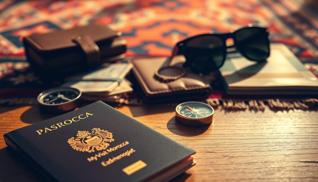 A close-up shot of a tidy arrangement of Morocco travel essentials on a wooden table, illuminated by warm, natural lighting. In the foreground, a passport with the "MyVisitMorocco" logo, a compass, and a small stack of local currency notes. In the middle ground, a traditional Moroccan leather wallet, a guidebook, and a pair of sunglasses. The background features a vibrant Moroccan-patterned rug, adding depth and cultural context to the scene. The overall mood is one of anticipation and readiness for an immersive Moroccan adventure. A close-up shot of a tidy arrangement of Morocco travel essentials on a wooden table, illuminated by warm, natural lighting. In the foreground, a passport with the "MyVisitMorocco" logo, a compass, and a small stack of local currency notes. In the middle ground, a traditional Moroccan leather wallet, a guidebook, and a pair of sunglasses. The background features a vibrant Moroccan-patterned rug, adding depth and cultural context to the scene. The overall mood is one of anticipation and readiness for an immersive Moroccan adventure.