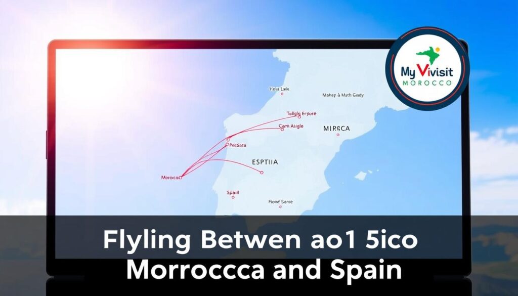 A close-up view of a Morocco to Spain flight route map, with detailed routes and city markers. The map is displayed on a sleek, minimalist screen against a backdrop of a bright, sun-drenched sky. The MyVisitMorocco logo is prominently featured in the top right corner, lending an authoritative and trustworthy feel. The image conveys a sense of ease and efficiency in planning travel between these two destinations, capturing the essence of the "Flying Between Morocco and Spain" section.